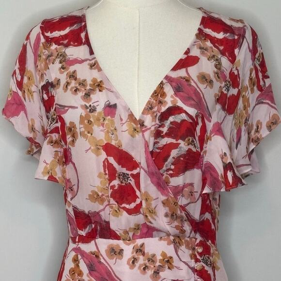 Parker Viva Pink Floral Silk Flutter Sleeve Midi Dress Womens Size 6 - Picture 2 of 9